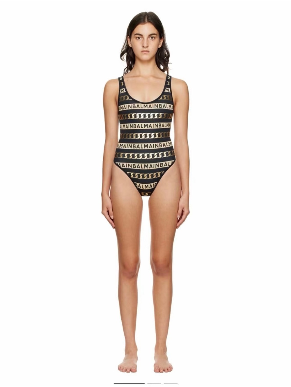 Balmain Black and Gold Logo Stripe One-Piece Swim Bodysuit